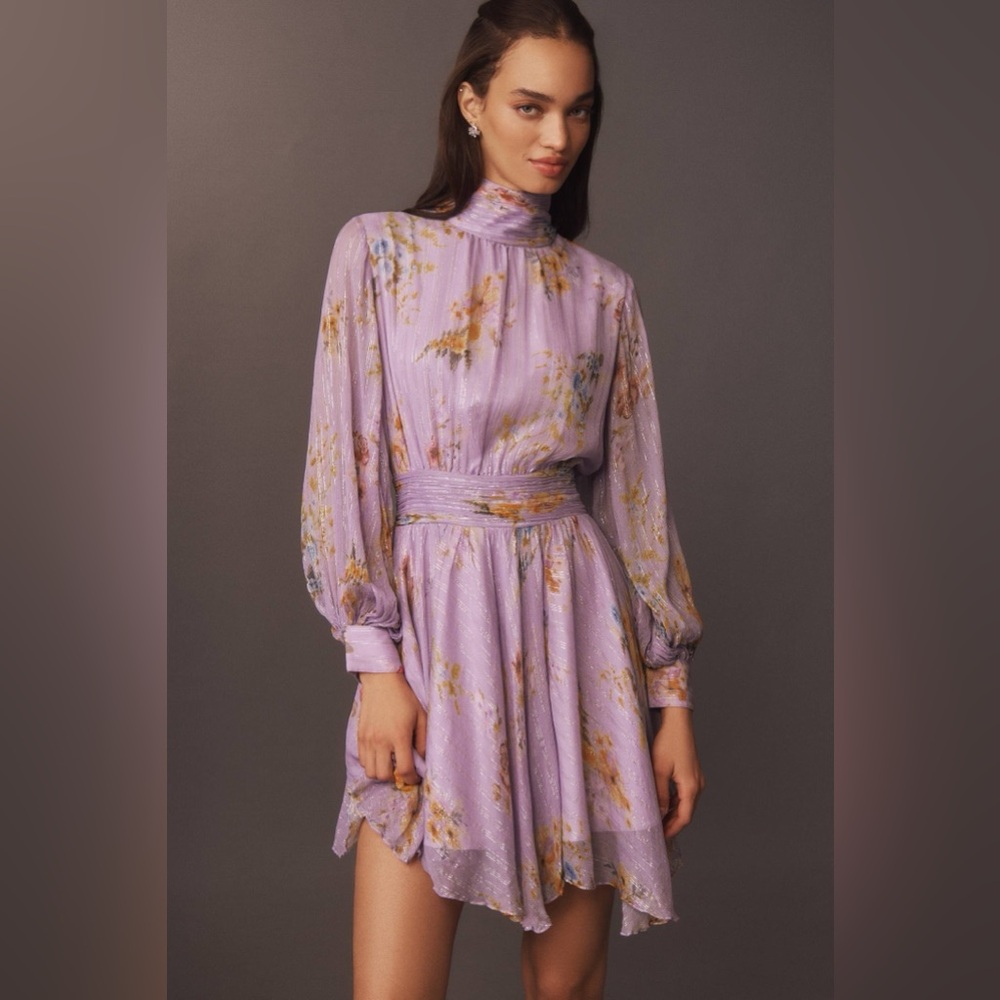 Bhldn Anthro lilac metallic Floral High-Neck chiffon lior  Dress large